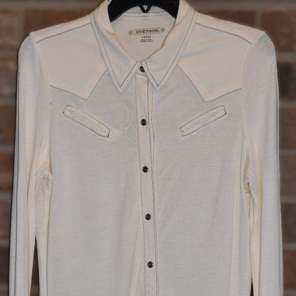 Stetson Shirt Long Sleeve Womens L Large Beige Western Pearl Snap Long Sleeve - Picture 1 of 4